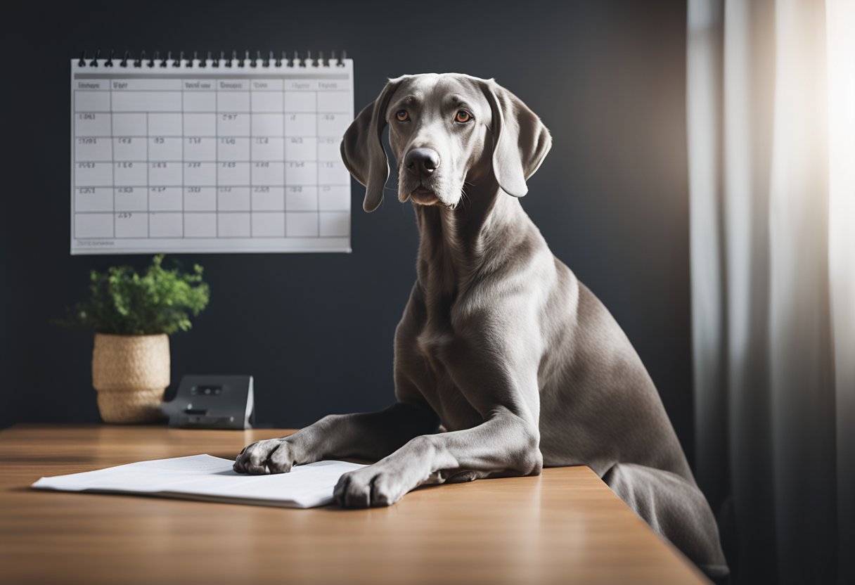 A Weimaraner dog sitting next to a calendar, with a question mark above its head