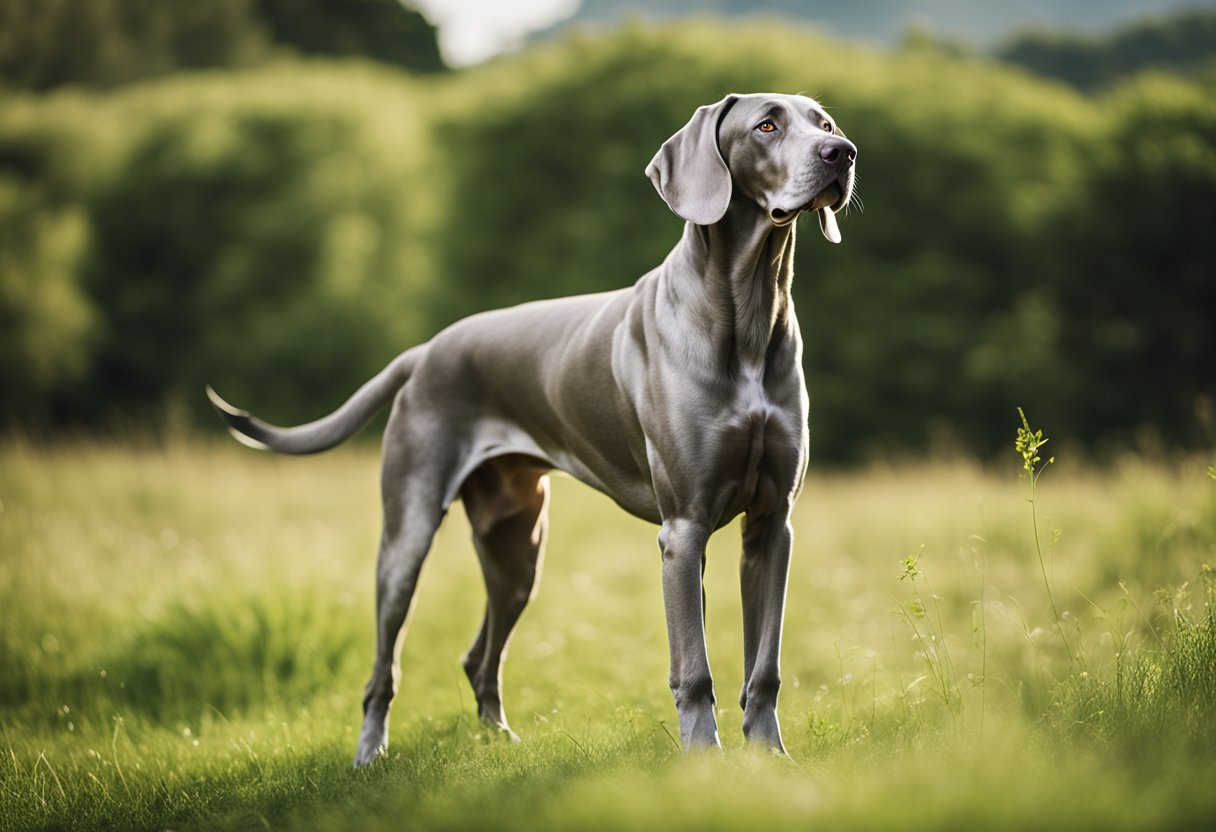 A Weimaraner stands proudly in a lush green field, with its sleek silver-gray coat glistening in the sunlight. Its alert expression and muscular build exude strength and vitality