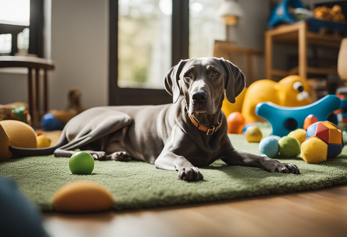 A Weimaraner dog lounges in a sunlit room, surrounded by toys and a comfortable bed. A bowl of fresh water and a healthy meal are nearby