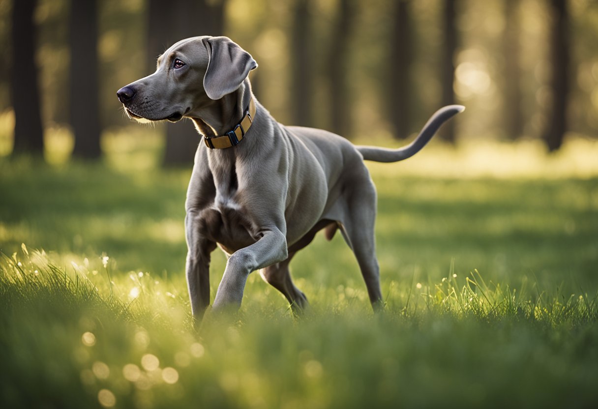 A Weimaraner puppy playing in a grassy field, an adult running through a forest, and a senior Weimaraner lounging in the sun