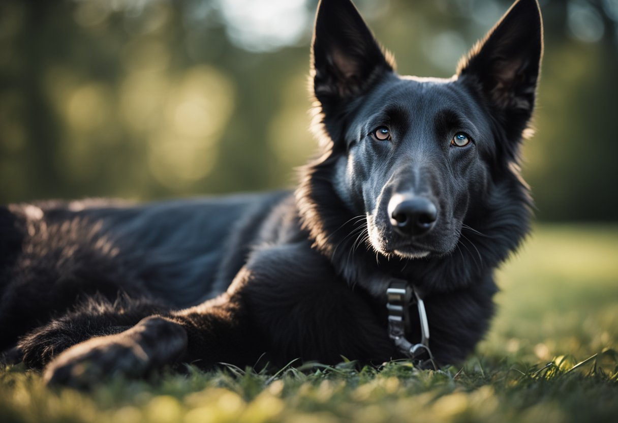 A Dutch shepherd dog lying down, showing signs of hip dysplasia or ear infection