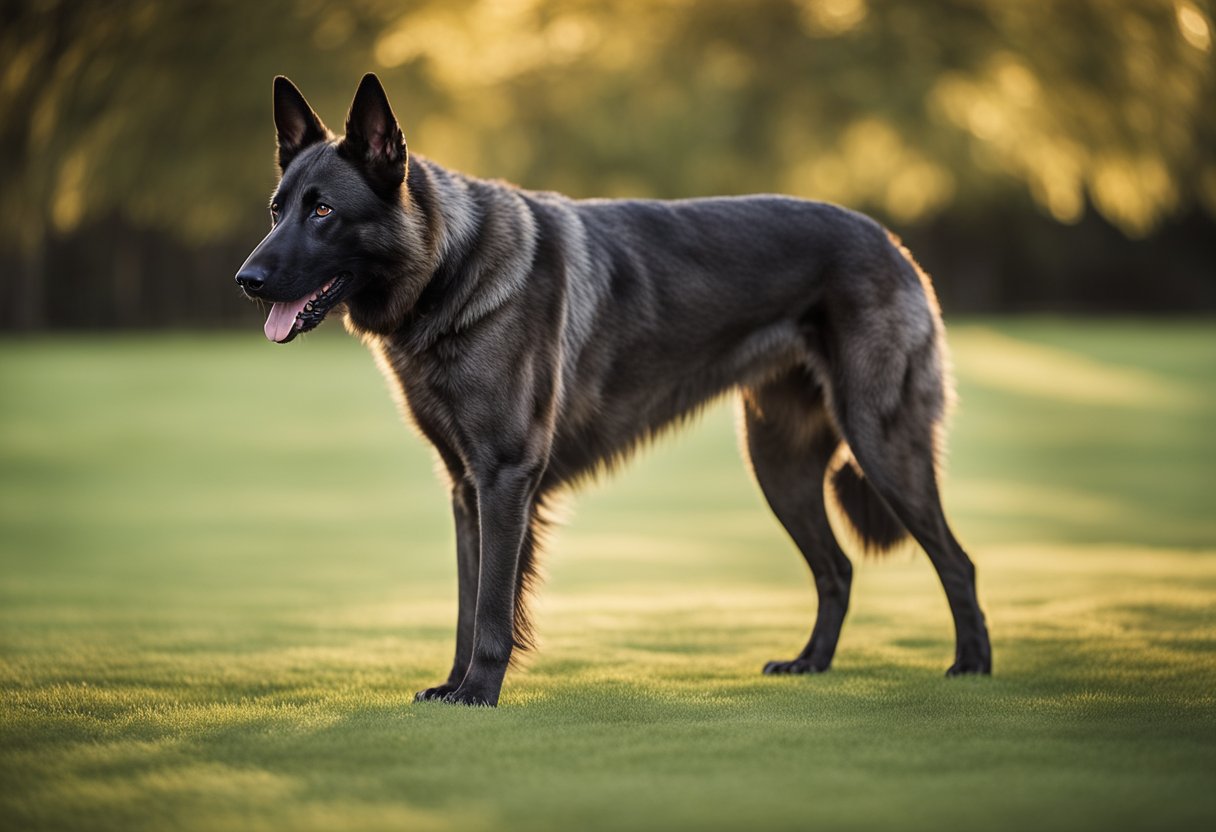 A Dutch shepherd dog standing alert, with a strong and athletic build. Displaying a confident and intelligent expression, with a keen and attentive gaze