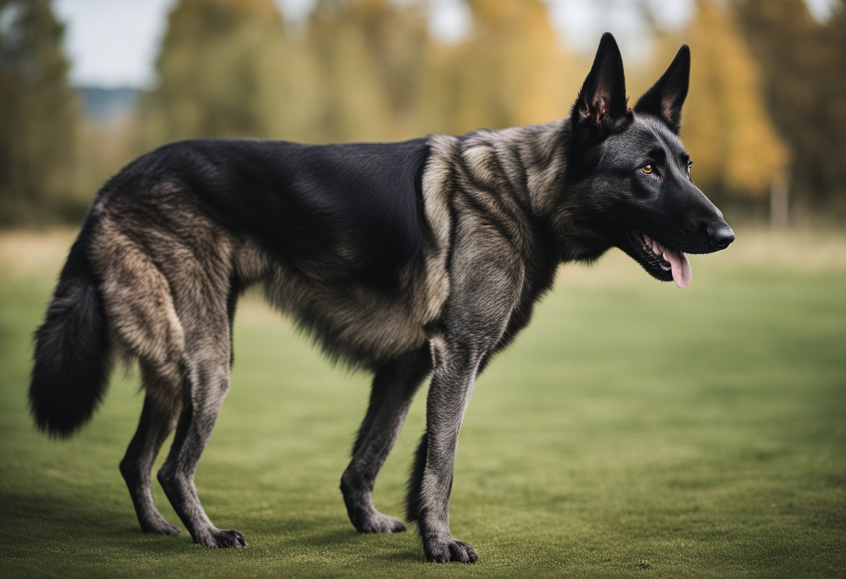 A dutch shepherd with a sad expression, limping on one leg, and scratching its ears