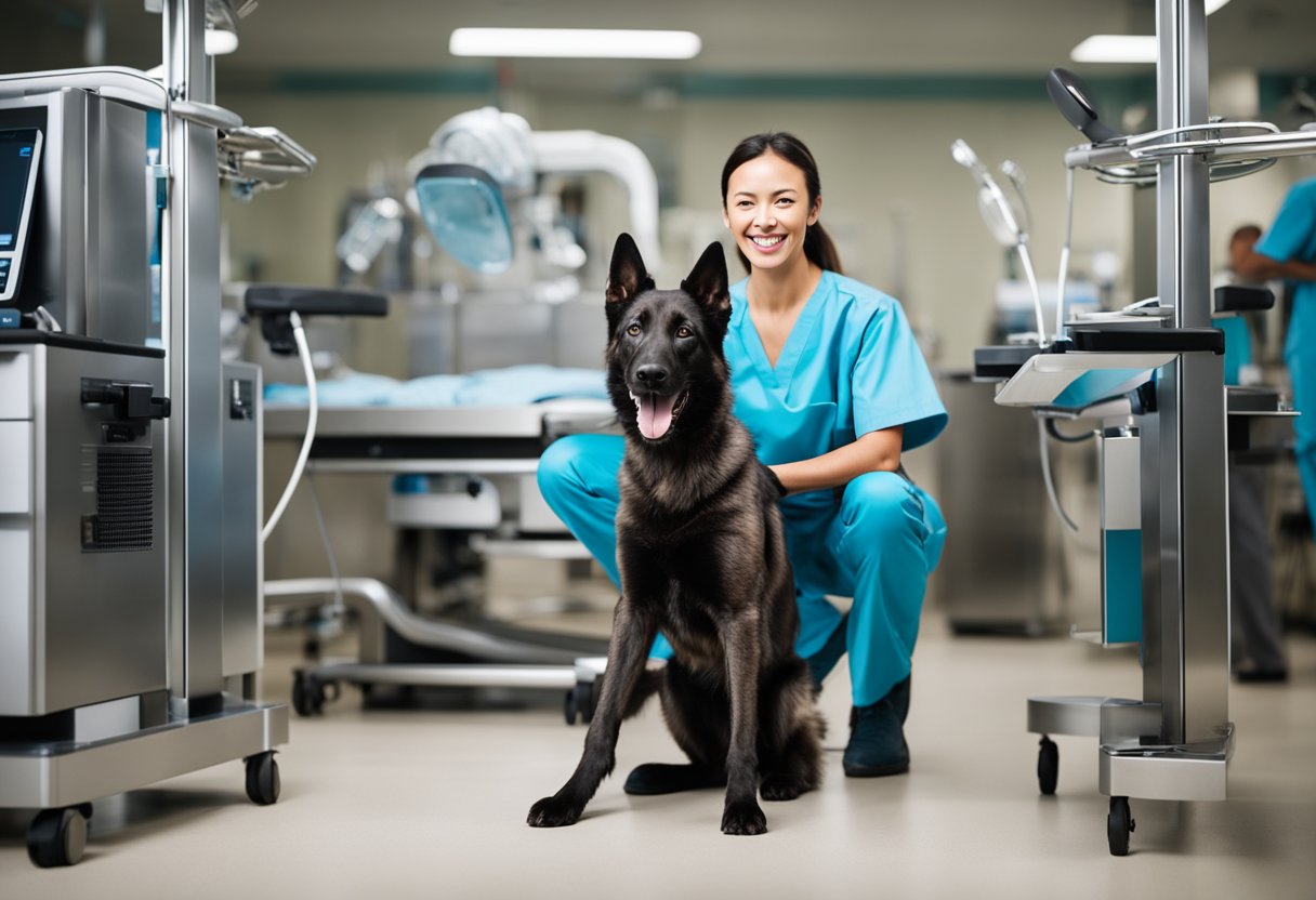 A dutch shepherd with genetic health issues, panting and limping, surrounded by concerned veterinarians and medical equipment