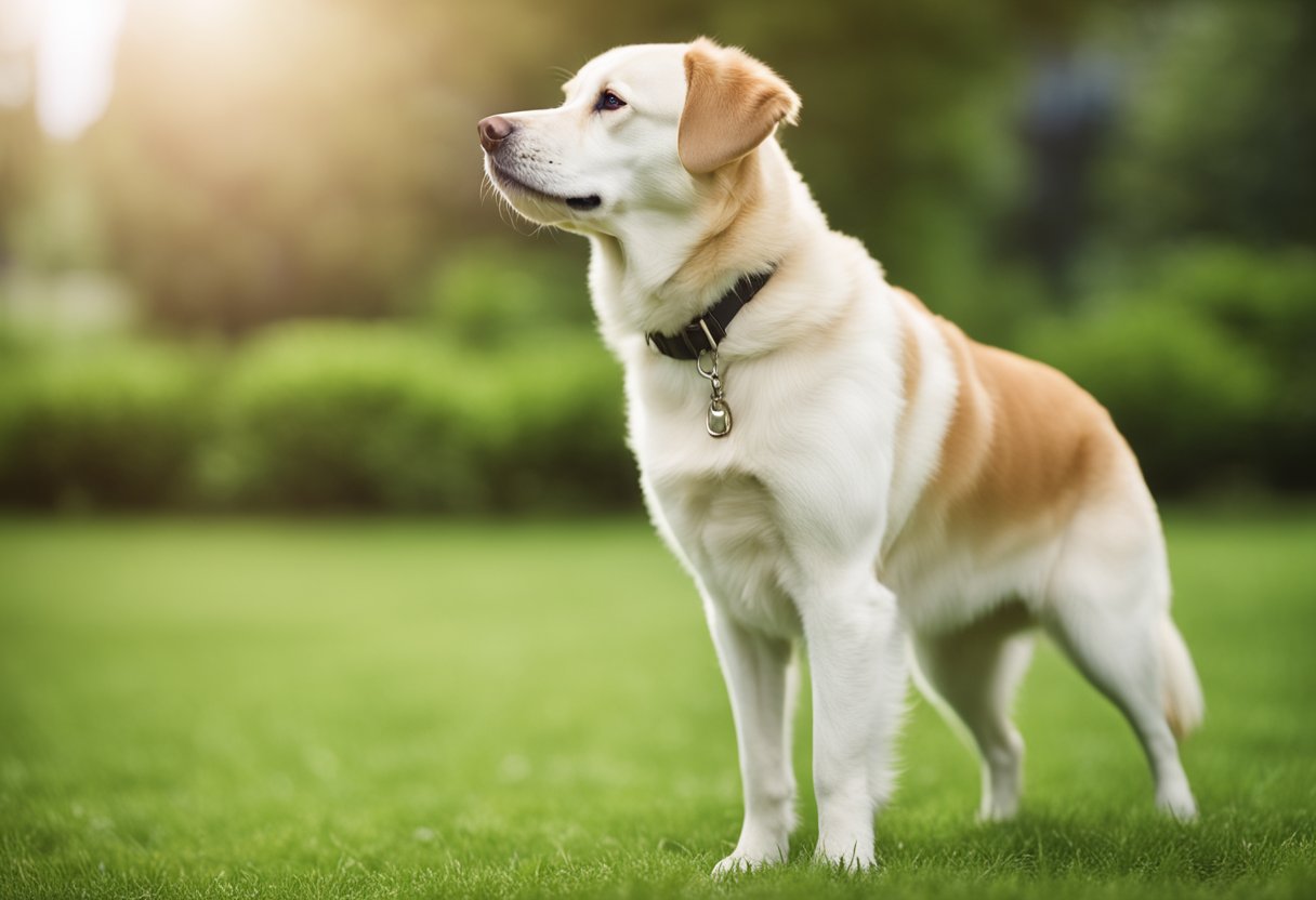 A dog standing on green grass, leg lifted, peeing more than usual