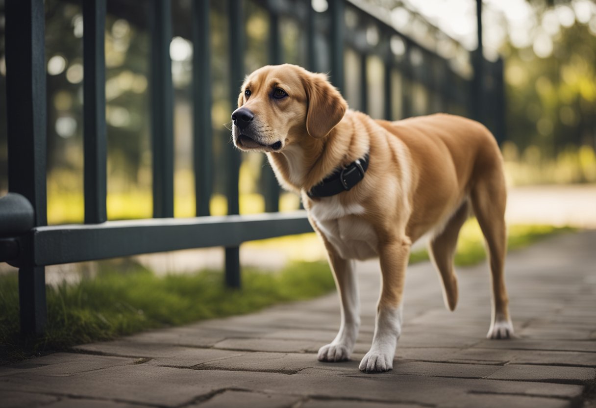 A dog squats to urinate frequently, with a focused expression