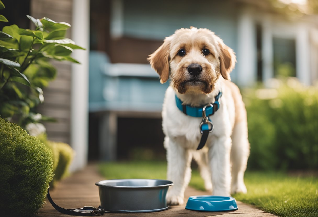 A dog standing near a water bowl, with a leash nearby, peeing frequently in a yard