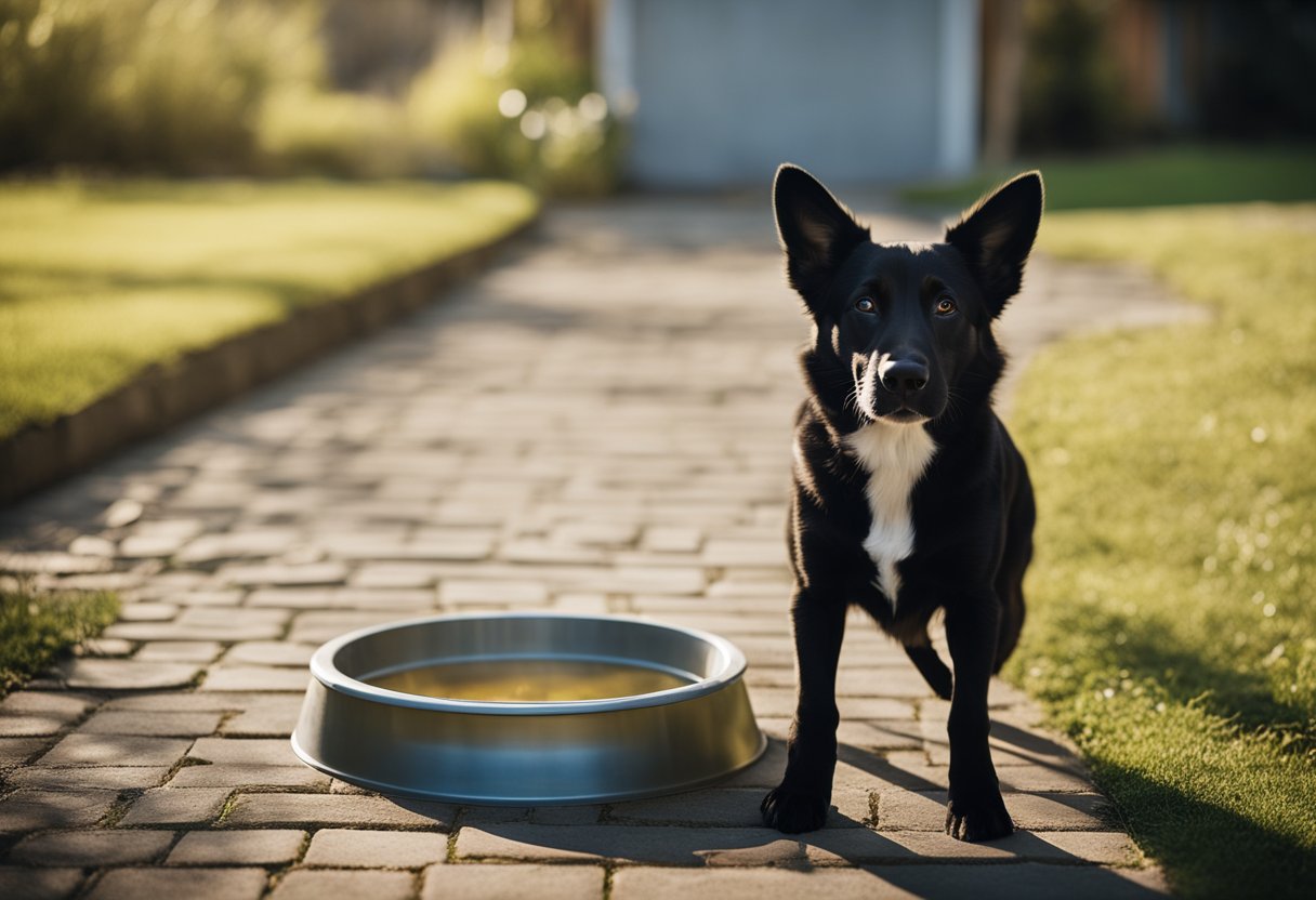 A dog standing near a water bowl, with a trail of urine leading to the yard