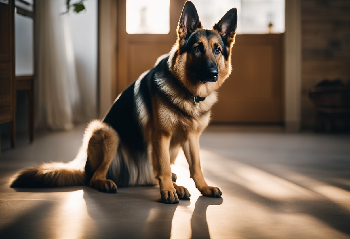 A German shepherd stands in a sunlit room, shedding its thick fur onto the floor