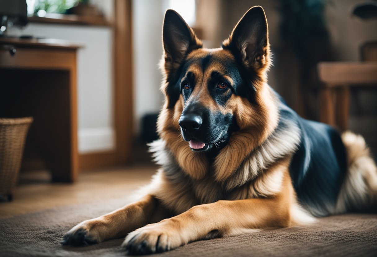 A German Shepherd surrounded by loose fur, shedding heavily in a home setting