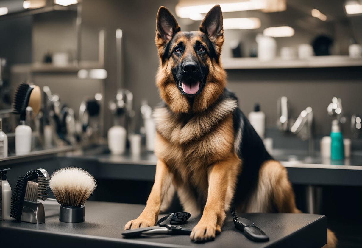 A German Shepherd stands in a grooming salon, surrounded by brushes, shedding tools, and a pile of fur. The dog looks content as the groomer carefully removes loose hair