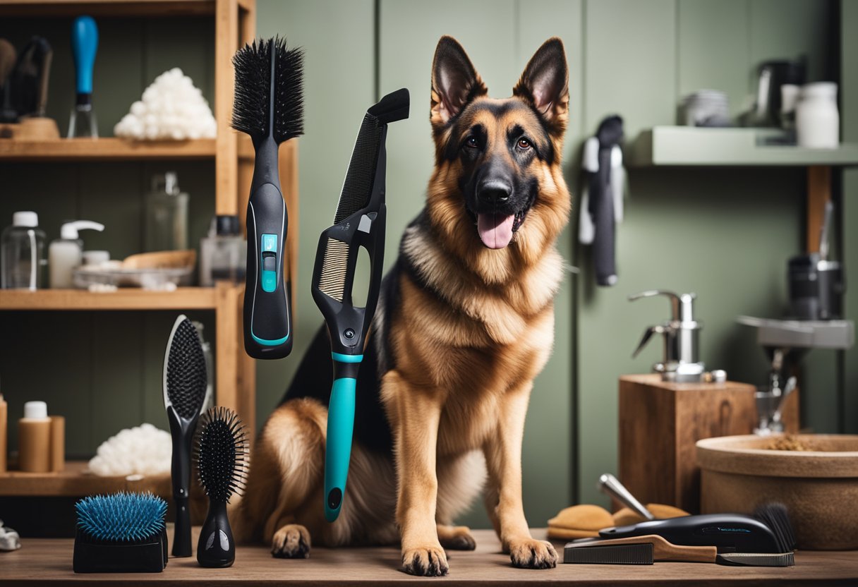 A German shepherd stands next to a variety of grooming tools, including a shedding brush, comb, and deshedding tool