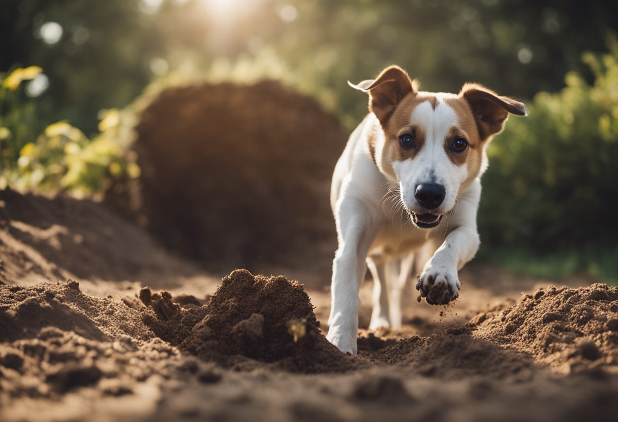 A dog digs a hole in the ground and carefully buries a bone, covering it with dirt and patting it down with its paws