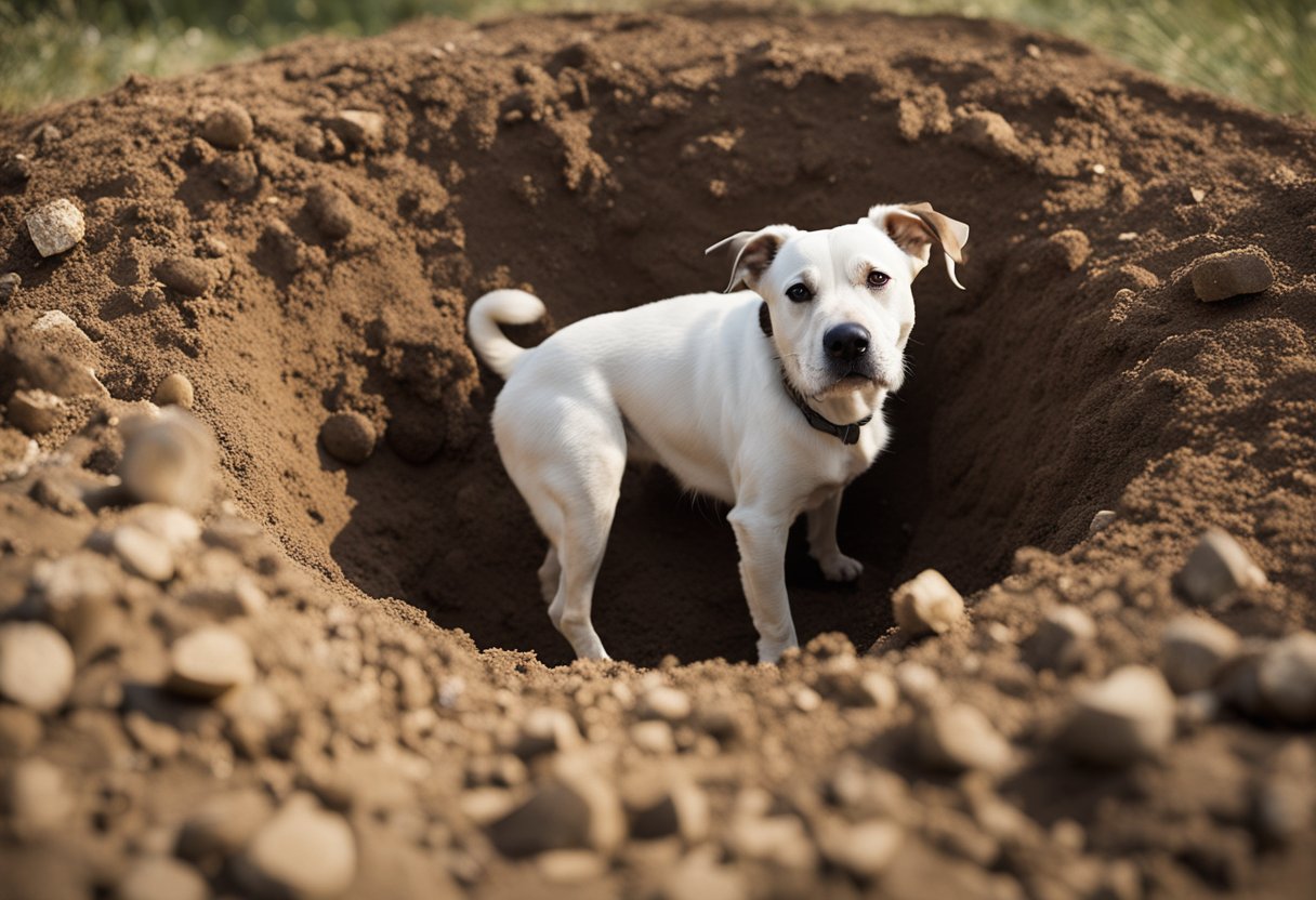 A dog digs a hole in the ground, carefully placing a bone inside before covering it with dirt, displaying the instinctual behavior of burying its prized possession