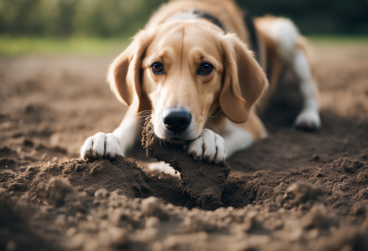 A dog digs a hole in the ground, carefully placing a bone inside before covering it up with dirt and patting it down with its paws