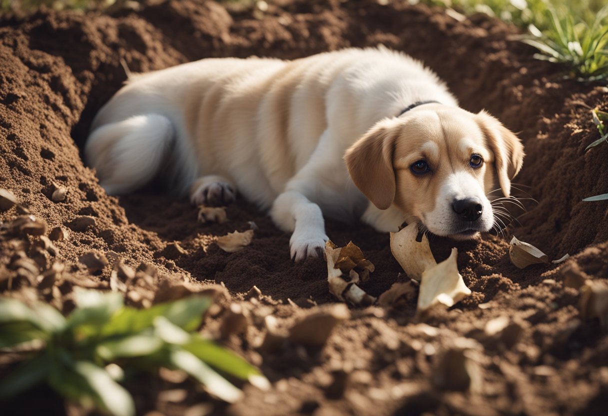 A dog digging a hole in the ground, carefully placing a bone inside, and then covering it up with dirt and leaves