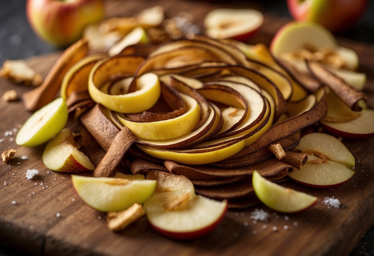 A pile of apple peels arranged in a spiral pattern on a cutting board, with a few scattered cinnamon sticks and a sprinkle of sugar