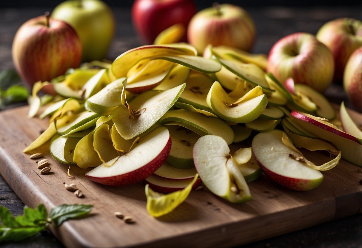 A pile of apple peels sits on a cutting board, ready to be used in savory recipes. The peels are a mix of red and green, with a few small seeds scattered among them