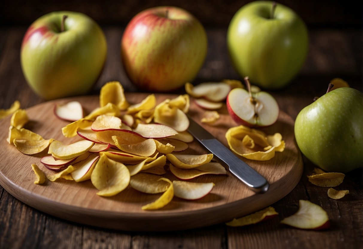 A pile of apple peels sits on a cutting board, ready to be used for homemade beauty treatments. The vibrant colors and texture of the peels are highlighted, showcasing their potential for beauty products