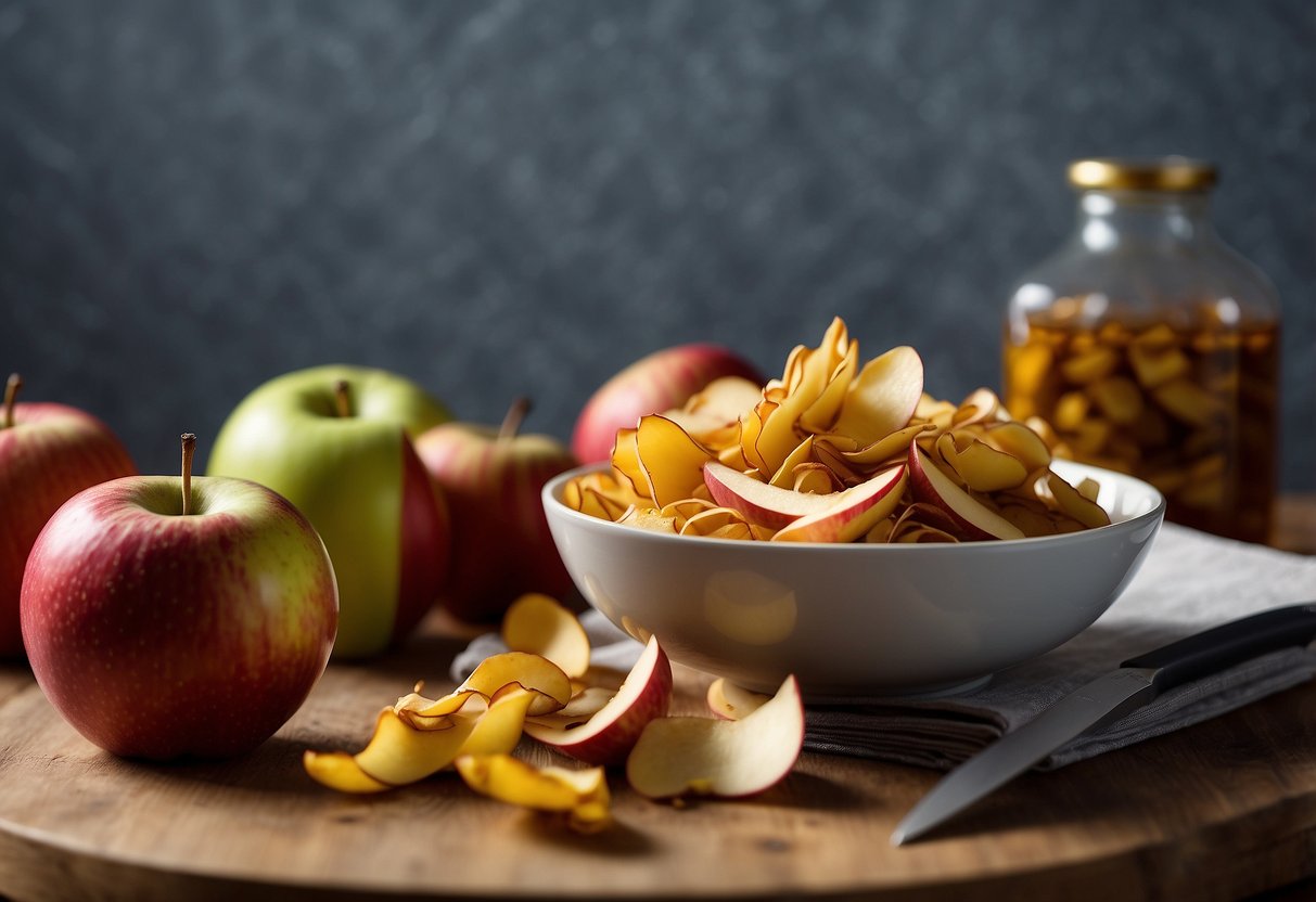 A pile of apple peels on a cutting board, with a knife and a bowl of sugar nearby. A recipe book open to a page titled "Delicious Ways to Use Leftover Apple Skins"