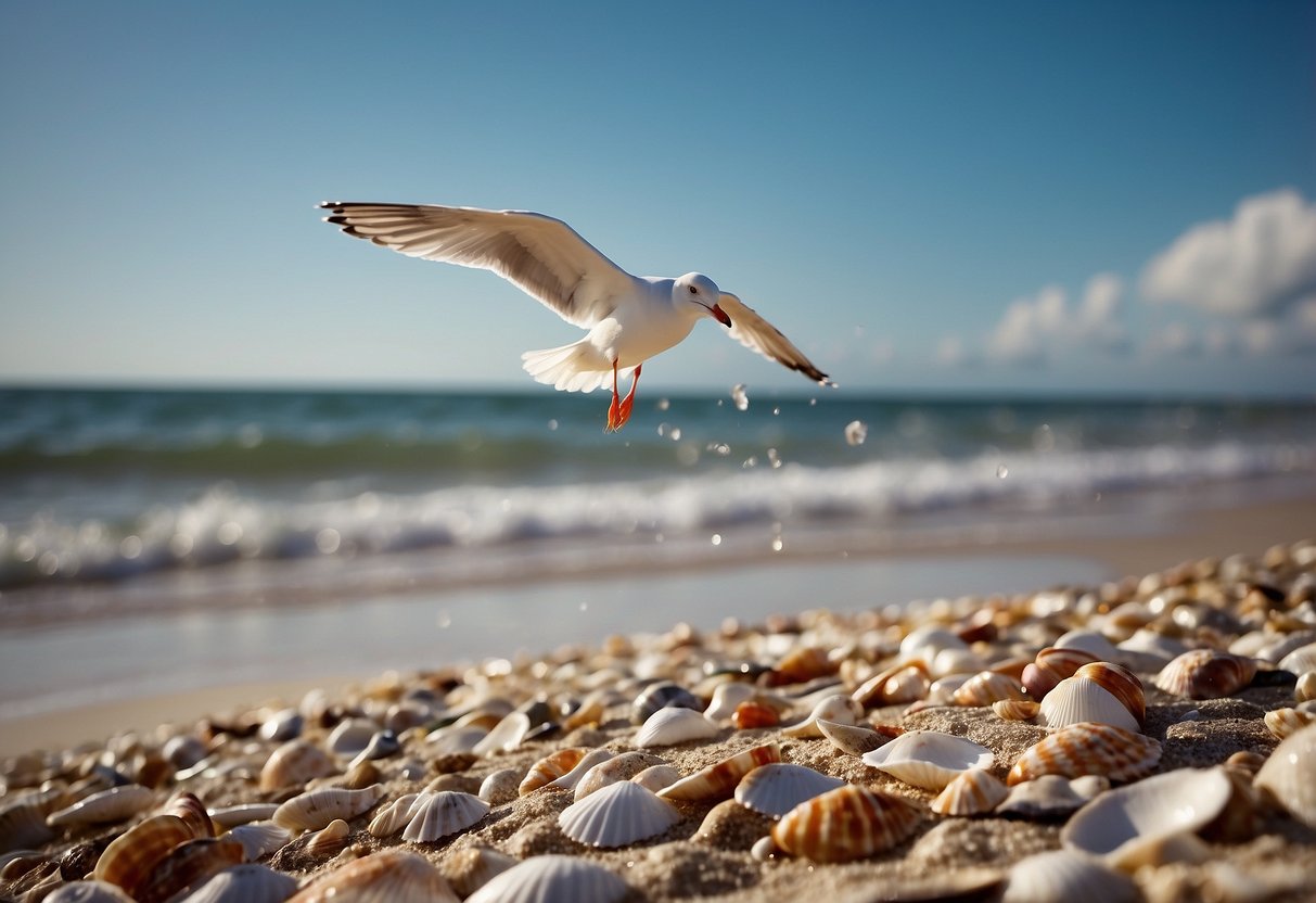 Sandy shores stretch along the Gulf Coast, littered with colorful seashells and fragments. Waves gently wash over the beach, as seagulls soar overhead