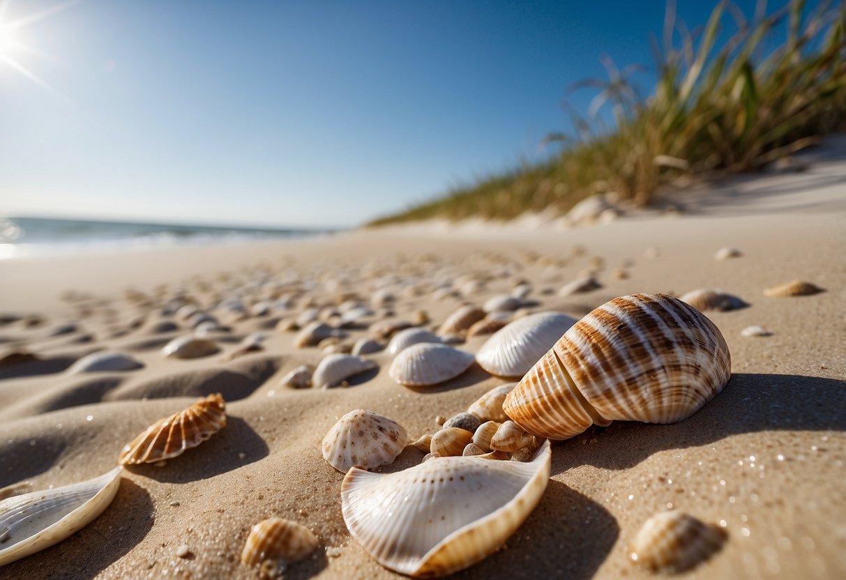 Sandy beach with scattered seashells, dunes in background, calm ocean waves, and a clear blue sky at Bon Secour National Wildlife Refuge in Alabama