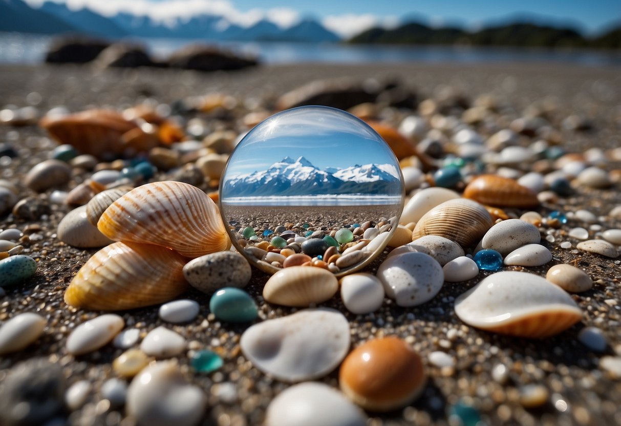 Sandy shores of Alaska's beaches littered with colorful shells and driftwood, with snow-capped mountains in the background