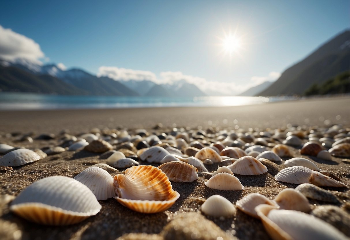 Sandy beach with scattered seashells, surrounded by rugged coastline and snow-capped mountains in the distance