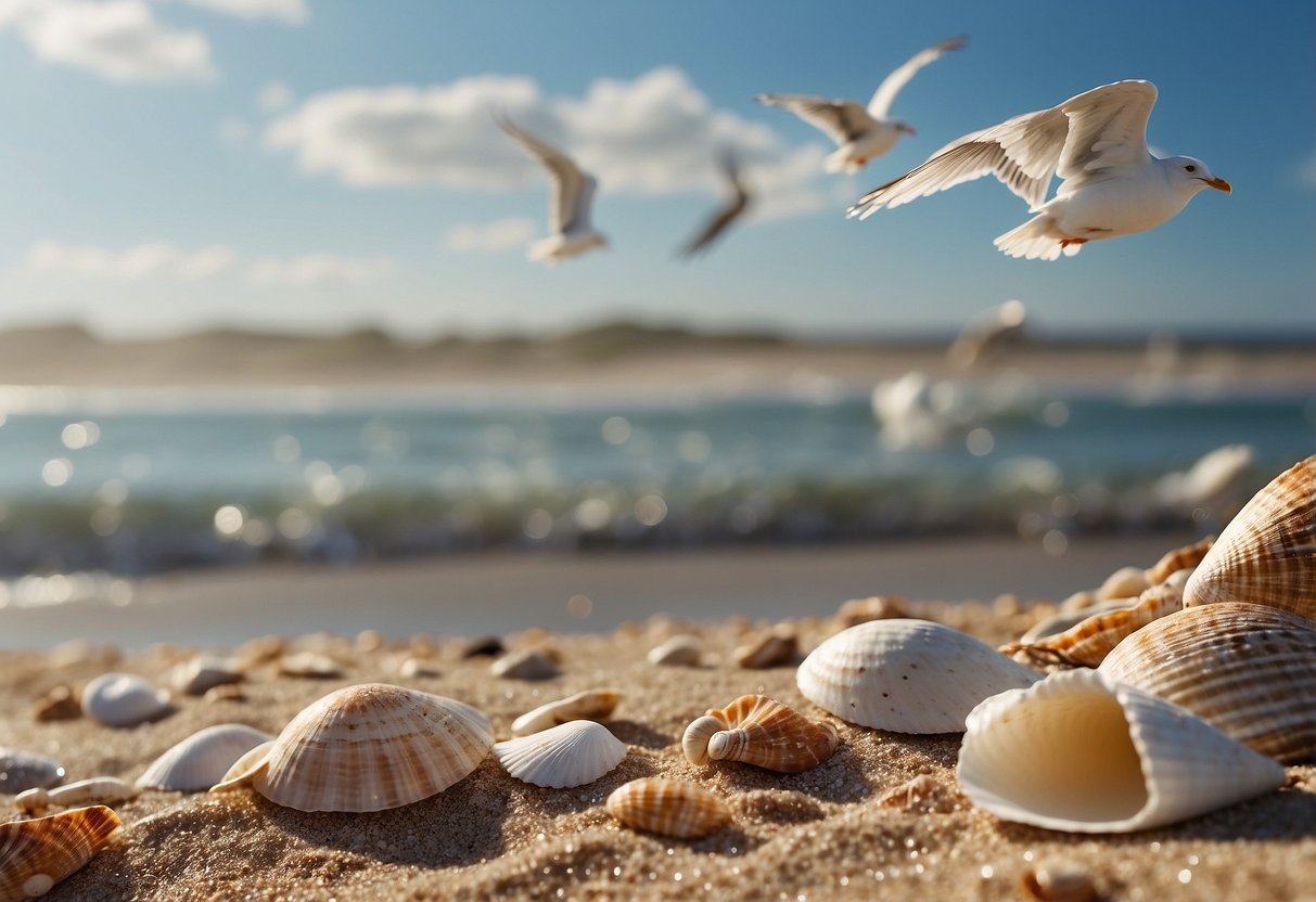 Sandy shorelines lined with seashells, waves gently washing up on the beach, seagulls flying overhead, and a clear blue sky above