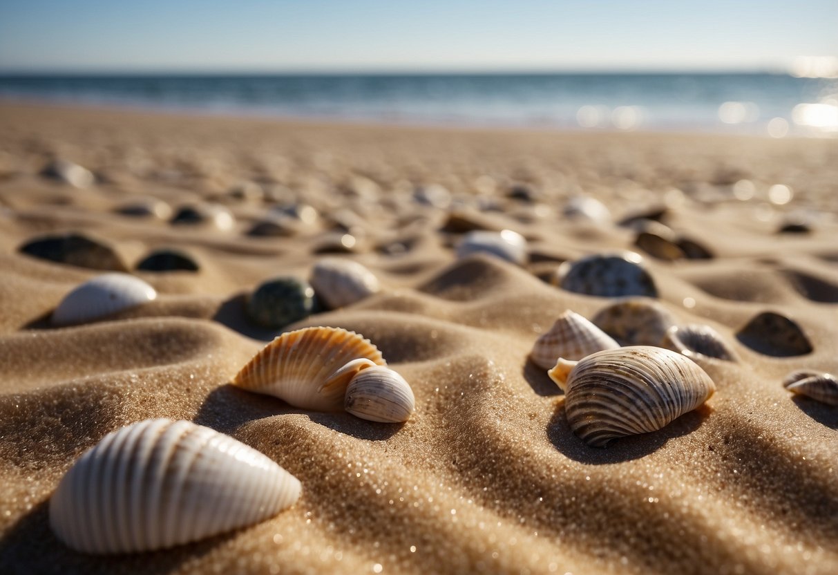 Sandy shore at Rehoboth Beach, waves gently rolling in, seashells scattered across the sand, colorful and varied