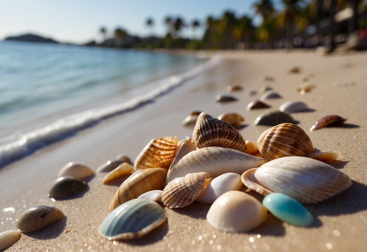 Sandy shorelines dotted with colorful shells, crystal clear waters lapping at the beach, palm trees swaying in the gentle breeze