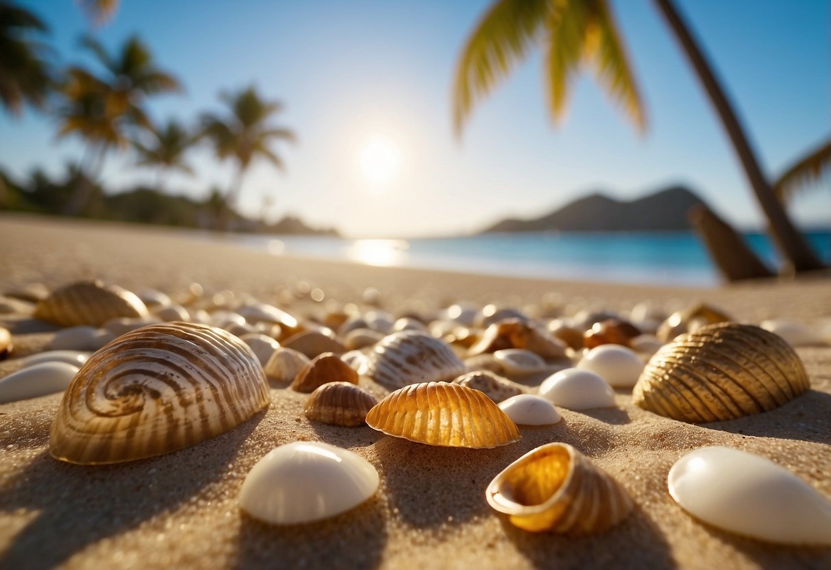 Golden sand beach with scattered shells, clear blue water, and gentle waves. Palm trees line the shore under a sunny sky