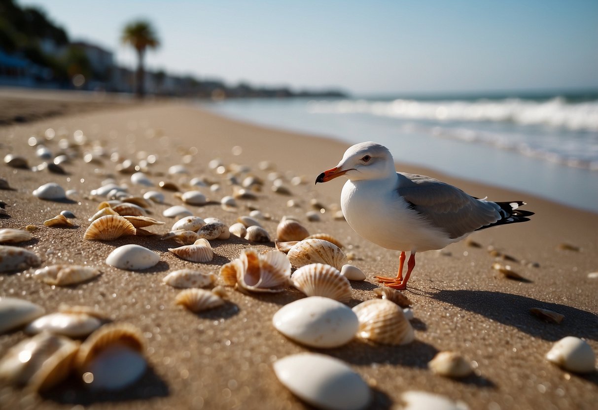 Sandy shorelines with scattered shells, gentle waves, and seagulls