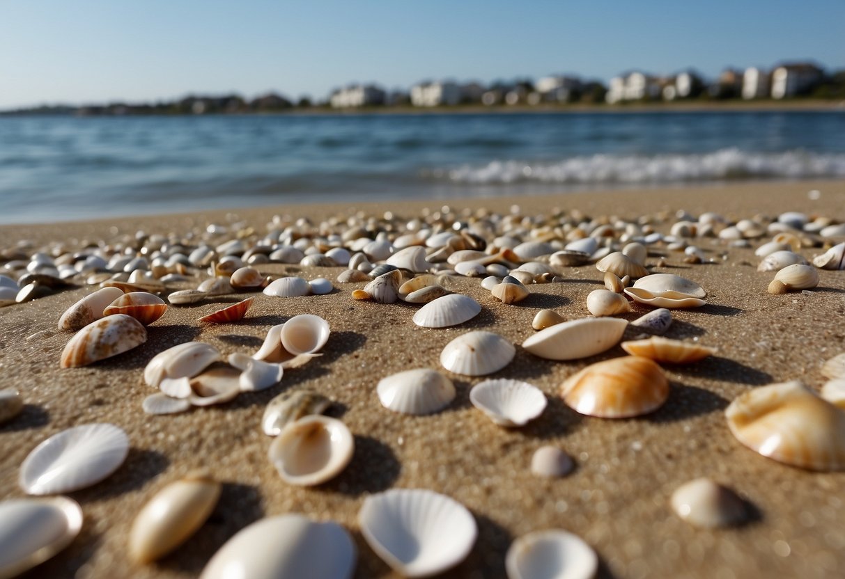 Sandy shore with scattered shells, gentle waves, and a distant marina