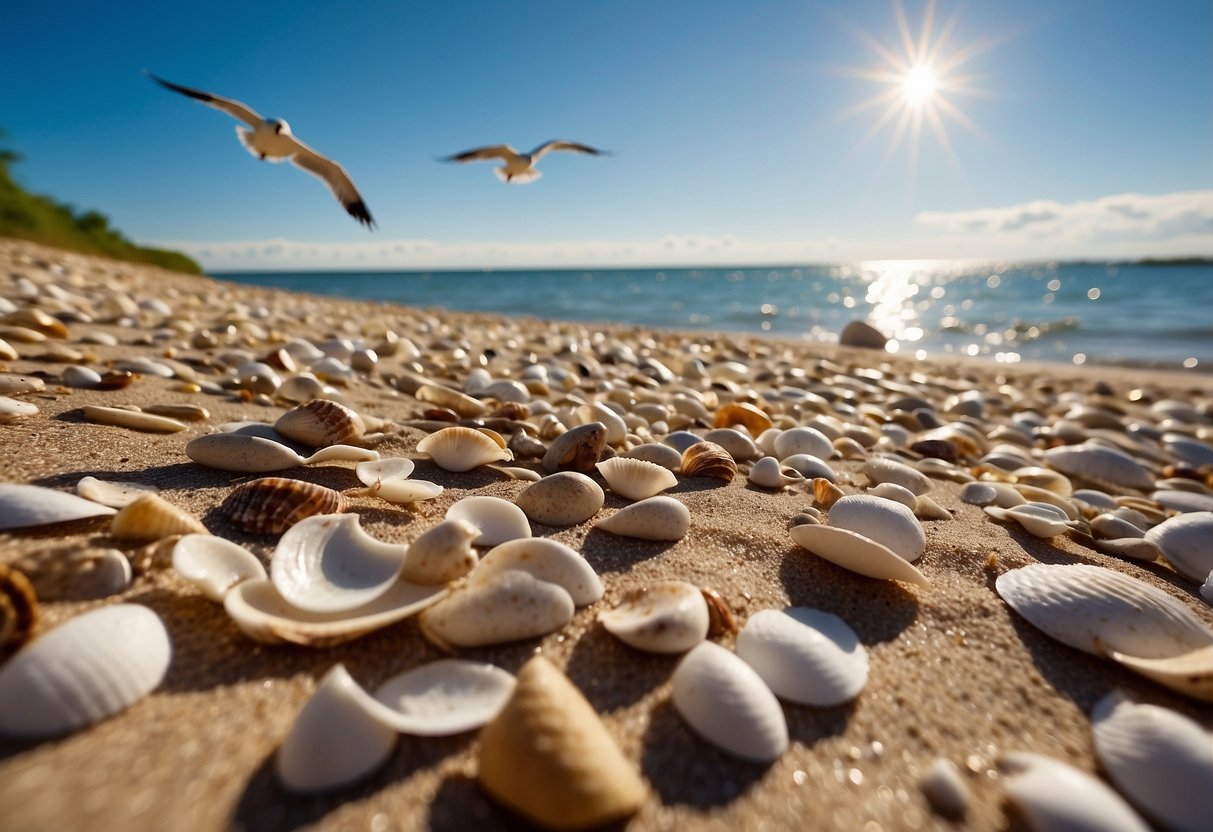 Sandy shorelines with scattered shells and driftwood. Waves gently lapping on Lake Michigan. Seagulls soaring overhead. Sunshine and blue skies