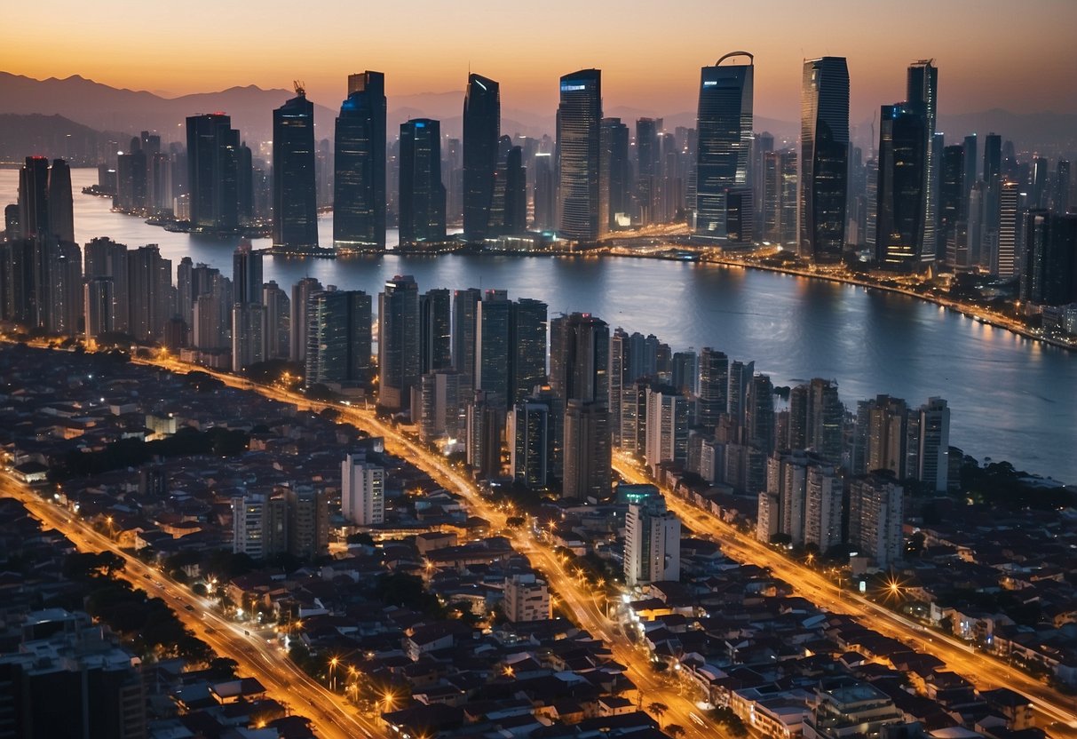 A bustling city skyline with rising skyscrapers, busy ports, and a mix of local and foreign businesses, showcasing the growth and potential of the Philippine economy