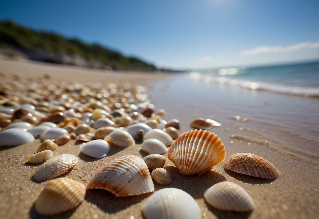 Sandy shorelines scattered with colorful seashells and gentle waves lapping the coastline under a clear blue sky