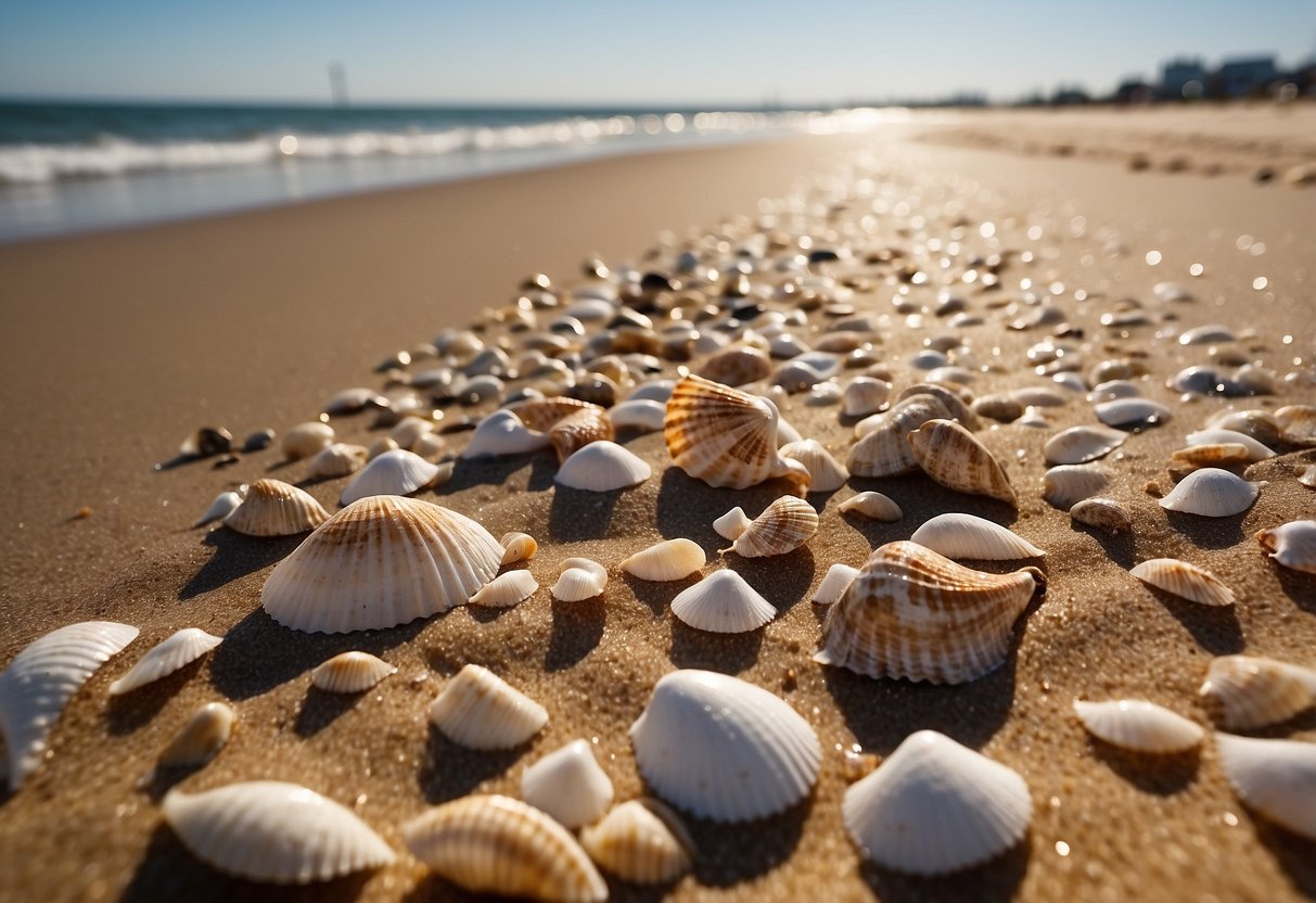 Sandy shore with seashells scattered, waves lapping. Sun shining on Ocean City Beach, Maryland