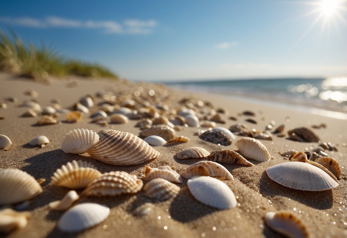 Sandy shores with scattered shells, waves gently rolling in, and a backdrop of dunes and clear blue skies