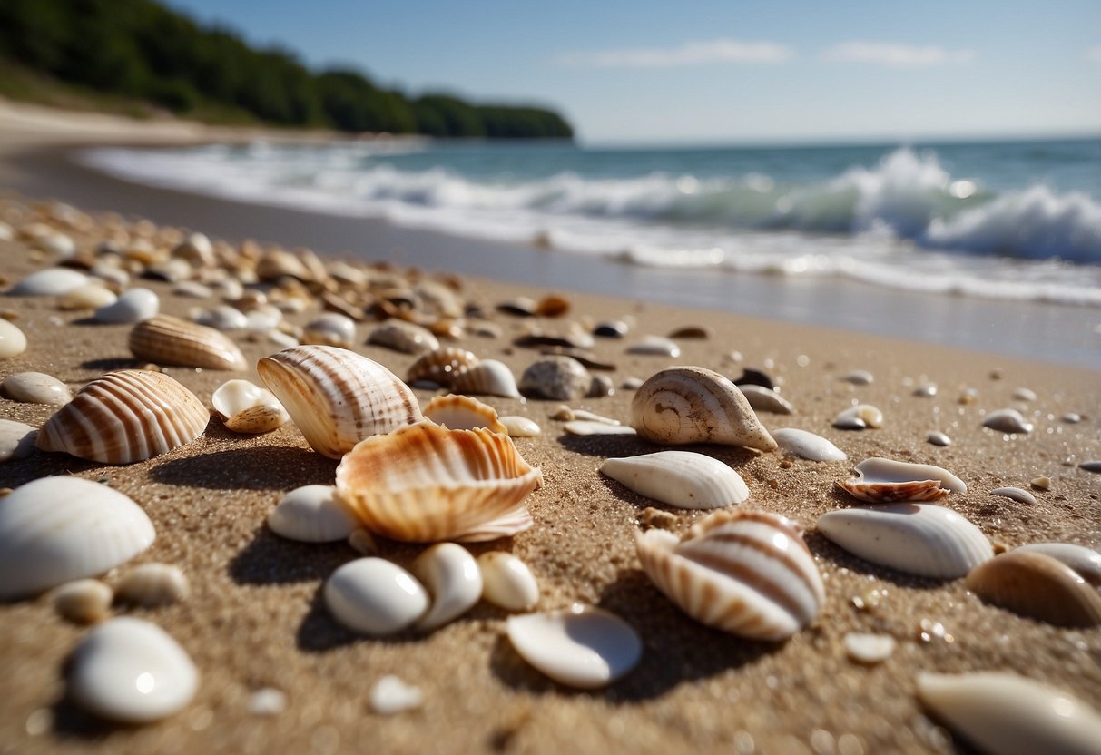 Sandy beach with scattered shells and driftwood at P.J. Hoffmaster State Park in Michigan. Waves crash on the shore under a clear blue sky