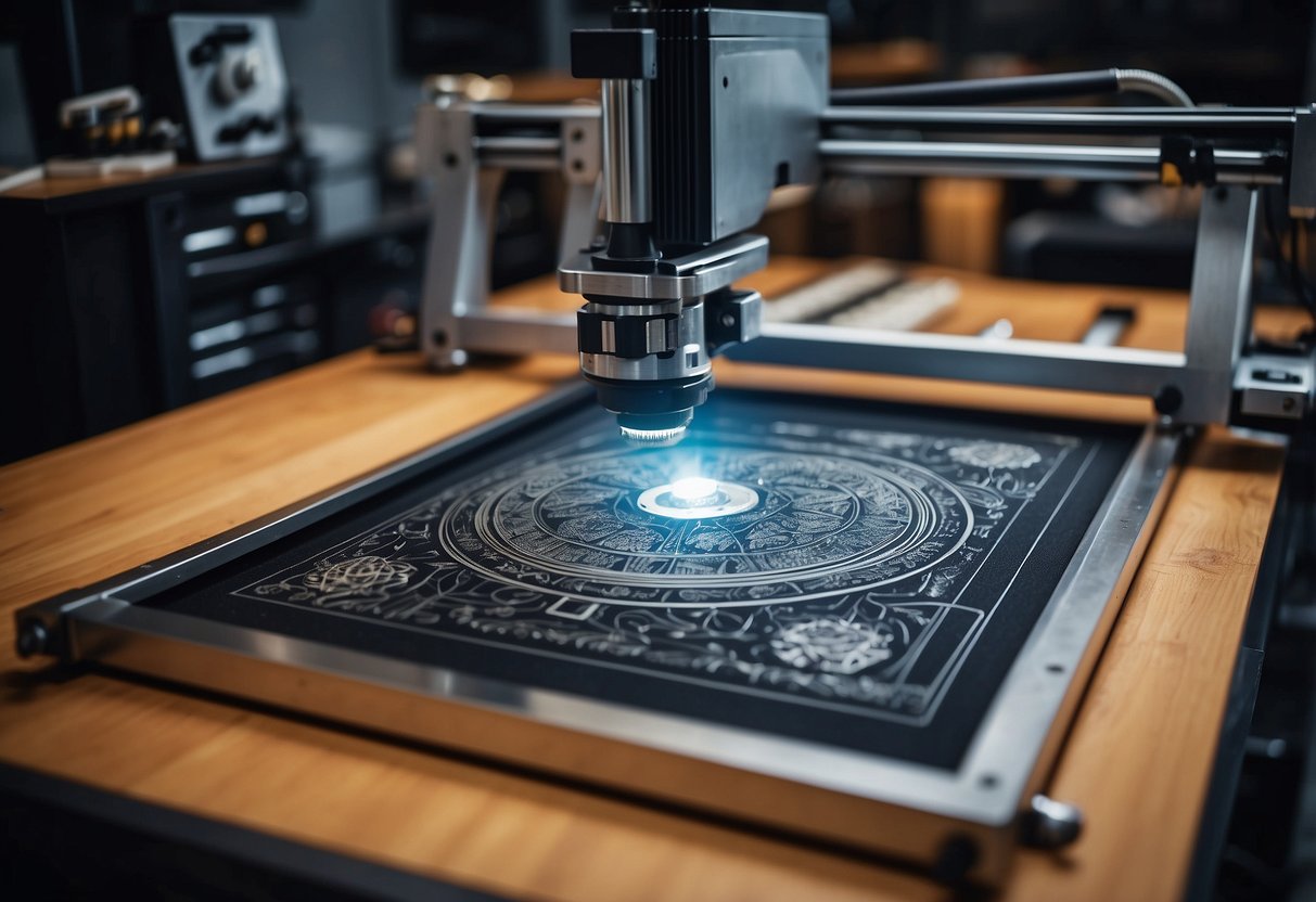 A laser engraving machine etches intricate designs onto metal and wood products. The machine is surrounded by a cluttered desk with business plans and profit charts