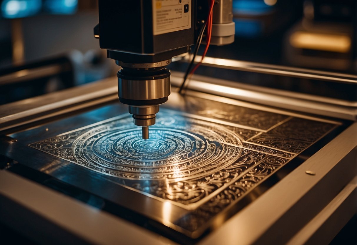 A laser engraving machine etches intricate designs onto metal, wood, and glass. The machine emits a focused beam of light to create precise and detailed engravings