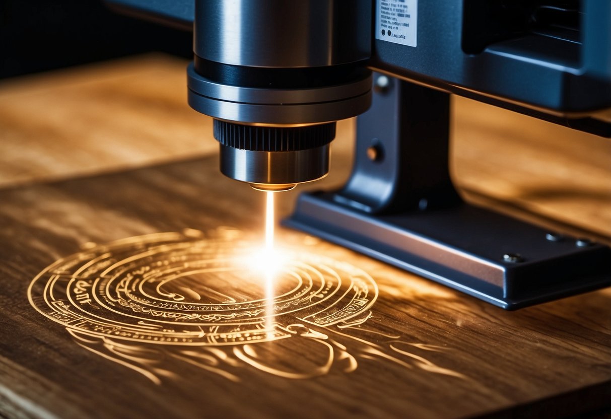 A laser engraving machine etches intricate designs onto metal and wood surfaces, emitting a bright beam of light as it works with precision and accuracy