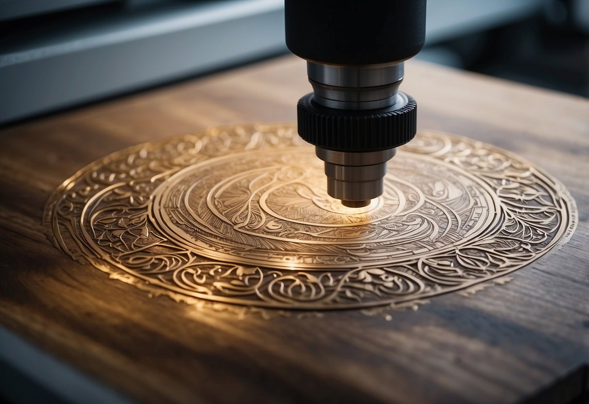 A laser engraving machine etches intricate designs onto metal and wood products. The machine sits in a well-lit workshop surrounded by finished products and raw materials