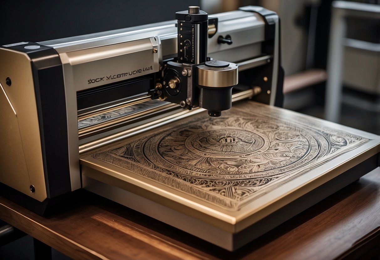 A laser engraving machine etches intricate designs onto metal and wood. A price tag and sales chart show profitability