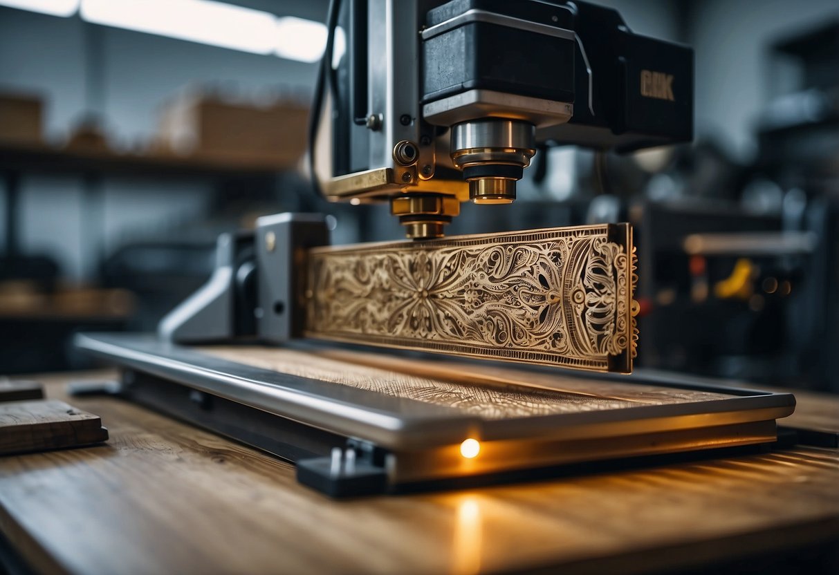 A laser engraving machine etches intricate designs onto wood and metal products in a modern workshop, surrounded by tools and materials