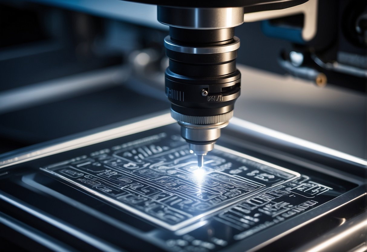 A laser engraving machine in operation, with various products being engraved, alongside a business plan and financial documents