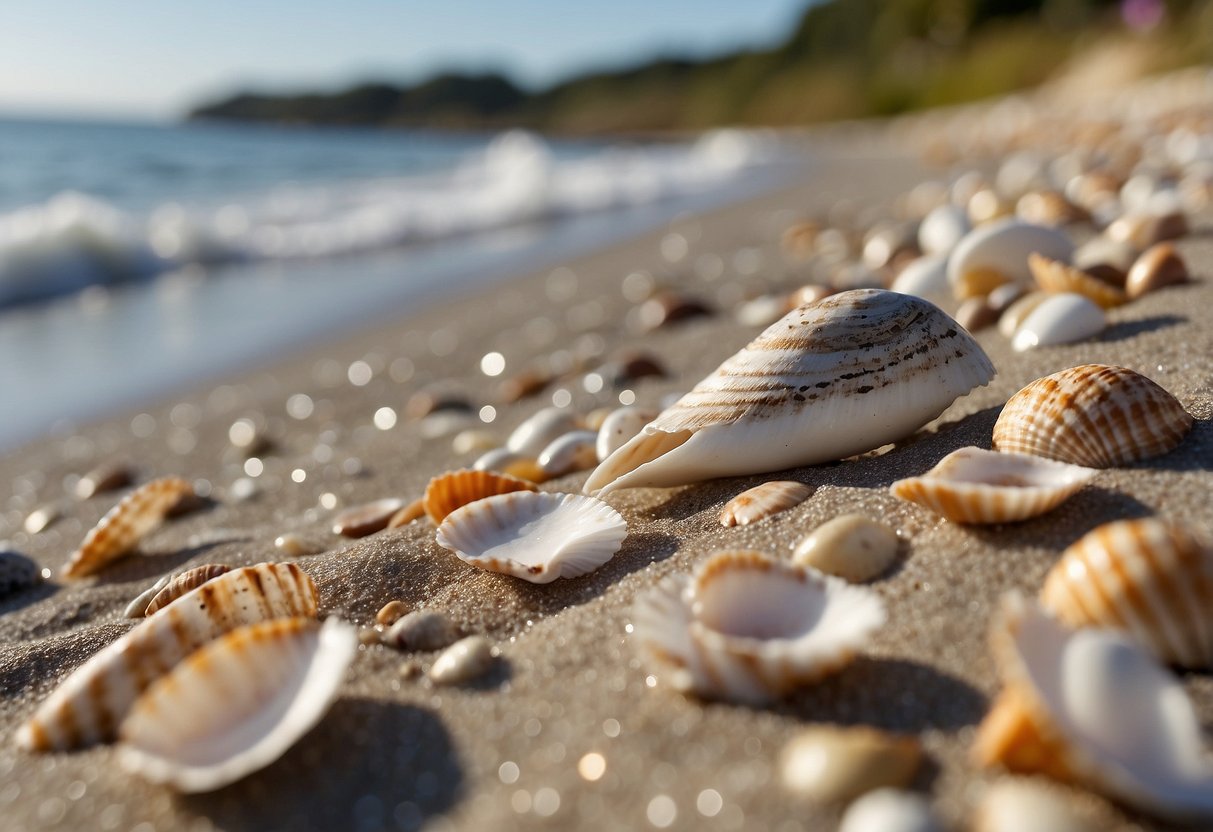 Sandy shoreline with scattered shells, gentle waves, and seagulls. Shells of various shapes and sizes are strewn across the beach