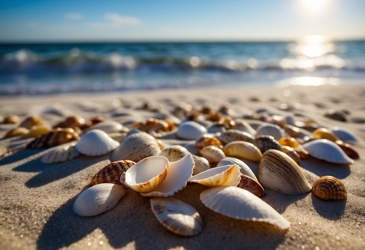 Sandy shores lined with colorful shells, gentle waves lapping at the beach, and a clear blue sky overhead at Gulf Islands National Seashore in Mississippi