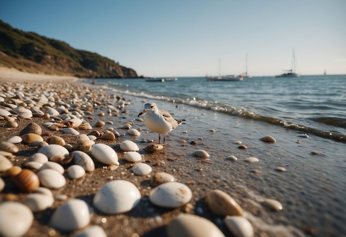 Sandy beach with scattered shells, gentle waves, and rocky outcrops. Seagulls and sandpipers roam the shore. Blue sky and distant sailboats